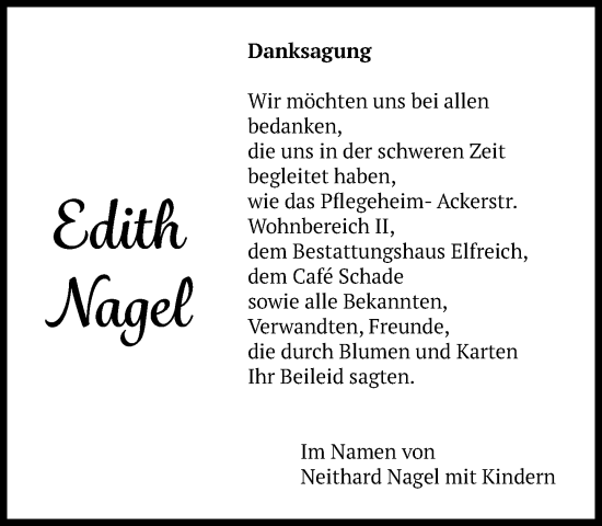 Traueranzeige von Edith Nagel von Der Prignitzer, Prignitz Express