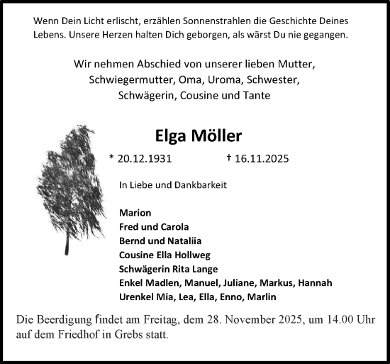 Traueranzeige von Elga Möller von Ludwigsluster Tageblatt