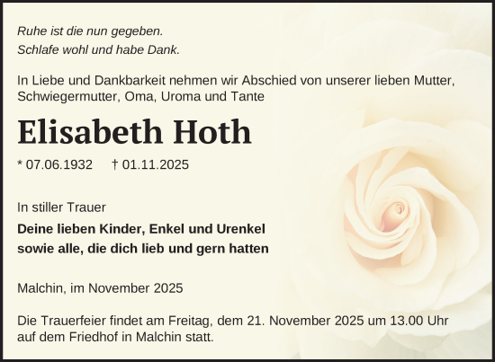 Traueranzeige von Elisabeth Hoth von Nordkurier Mecklenburger Schweiz