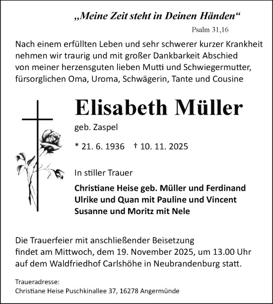 Traueranzeige von Elisabeth Müller von Nordkurier Neubrandenburger Zeitung