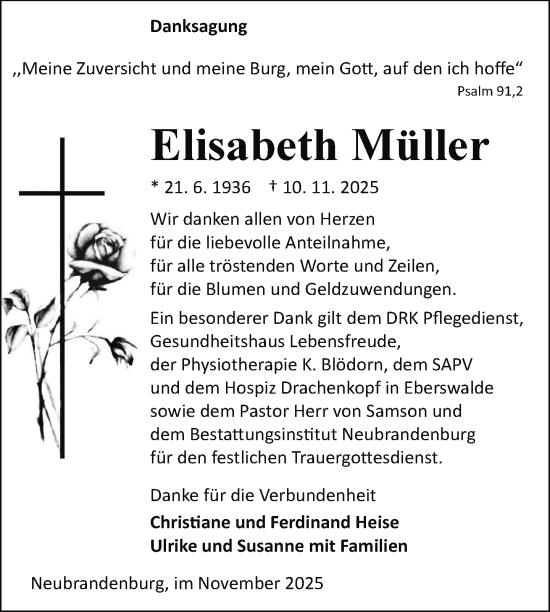 Traueranzeige von Elisabeth Müller von Nordkurier Neubrandenburger Zeitung