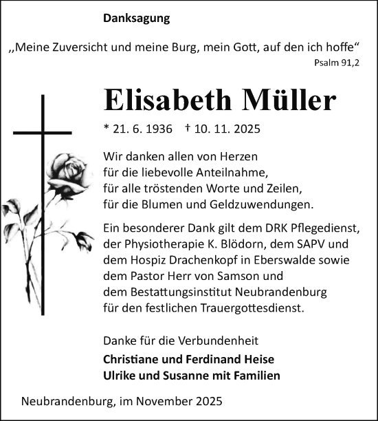 Traueranzeige von Elisabeth Müller von Nordkurier Neubrandenburger Zeitung