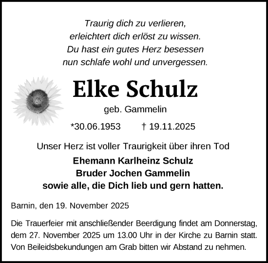 Traueranzeige von Elke Schulz von Zeitung für die Landeshauptstadt