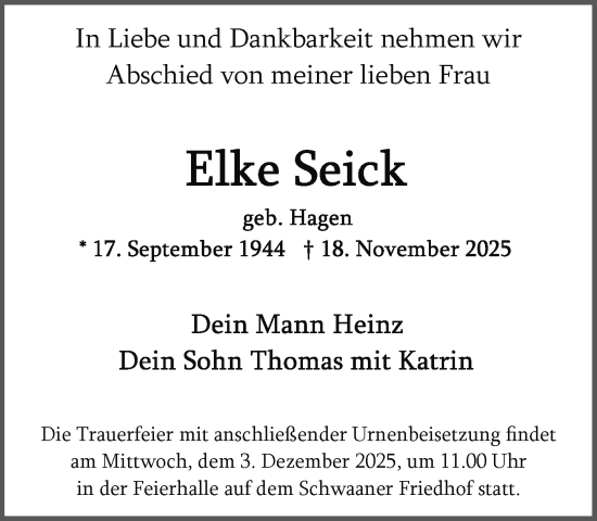 Traueranzeige von Elke Seick von Güstrow und Bützow