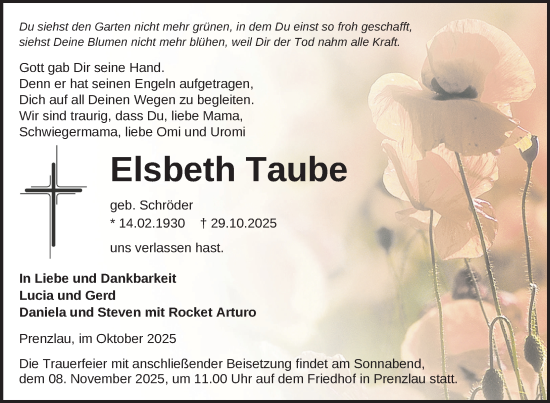 Traueranzeige von Elsbeth Taube von Uckermark Kurier Prenzlauer Zeitung