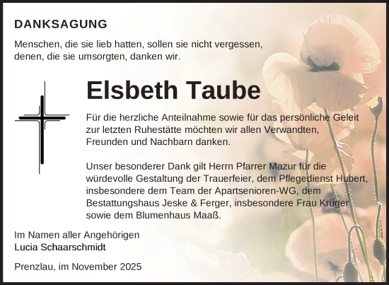Traueranzeige von Elsbeth Taube von Uckermark Kurier Prenzlauer Zeitung