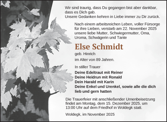 Traueranzeige von Else Schmidt von Nordkurier Strelitzer Zeitung