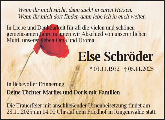 Traueranzeige von Else Schröder von Uckermark Kurier Templiner Zeitung