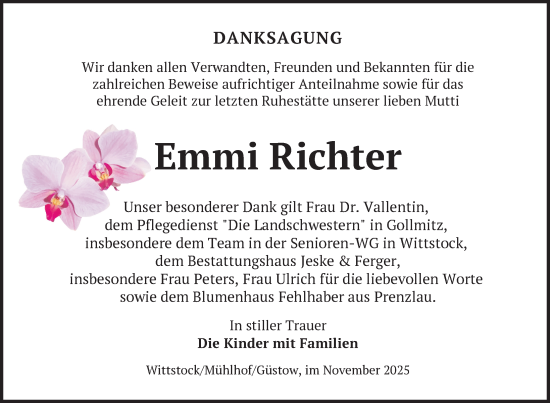 Traueranzeige von Emmi Richter von Uckermark Kurier Prenzlauer Zeitung