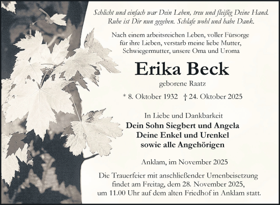 Traueranzeige von Erika Beck von Nordkurier Vorpommern Kurier