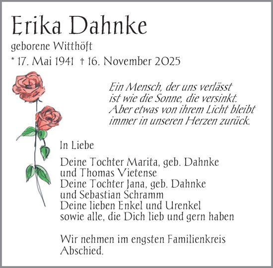 Traueranzeige von Erika Dahnke von Zeitung für die Landeshauptstadt