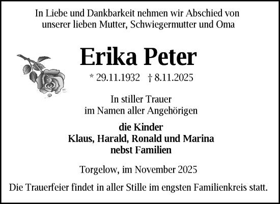 Traueranzeige von Erika Peter von Nordkurier Grosso