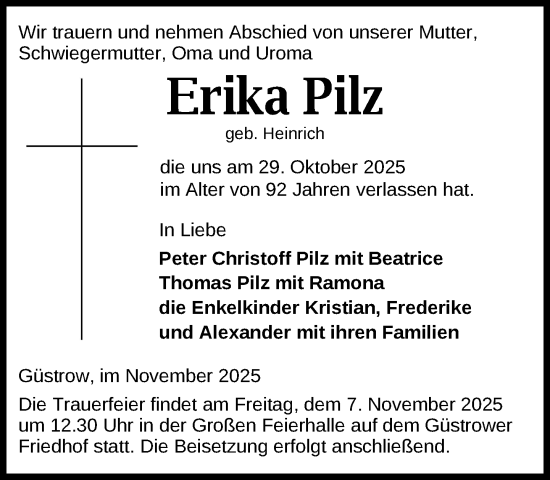 Traueranzeige von Erika Pilz von Güstrow und Bützow