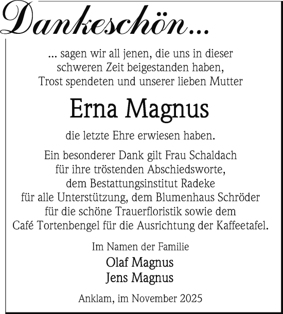 Traueranzeige von Erna Magnus von Nordkurier Vorpommern Kurier