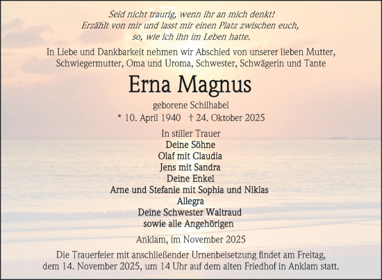 Traueranzeige von Erna Magnus von Nordkurier Vorpommern Kurier
