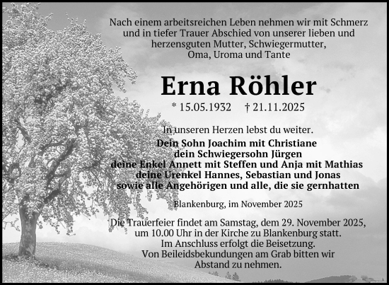 Traueranzeige von Erna Röhler von Uckermark Kurier Prenzlauer Zeitung