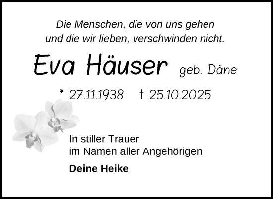 Traueranzeige von Eva Häuser von Nordkurier Neubrandenburger Zeitung