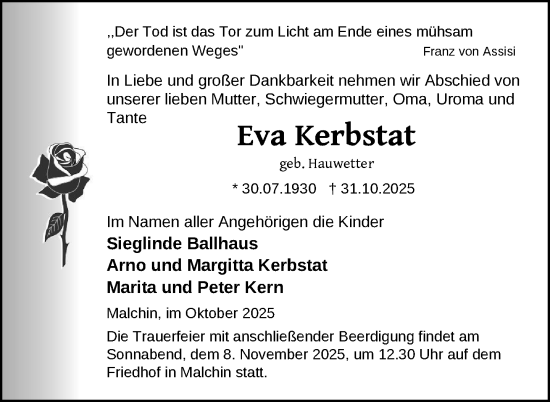 Traueranzeige von Eva Kerbstat von Nordkurier Mecklenburger Schweiz