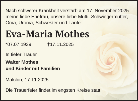 Traueranzeige von Eva-Maria Mothes von Nordkurier Mecklenburger Schweiz