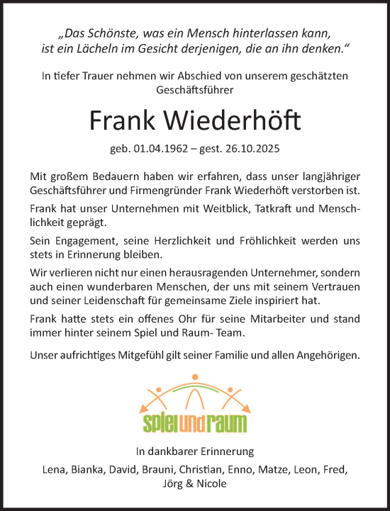 Traueranzeige von Frank Wiederhöft von Norddeutsche Neueste Nachrichten
