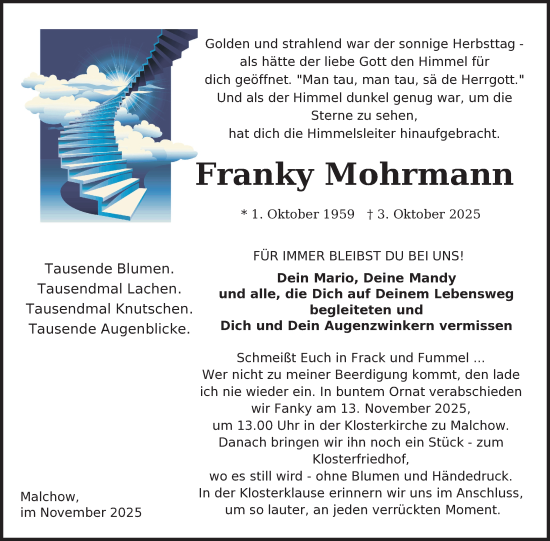 Traueranzeige von Franky Mohrmann von Nordkurier Müritz-Zeitung