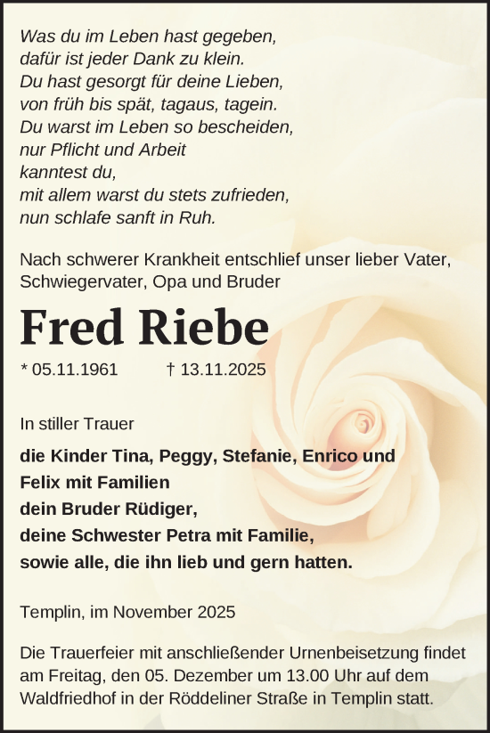 Traueranzeige von Fred Riebe von Uckermark Kurier Templiner Zeitung