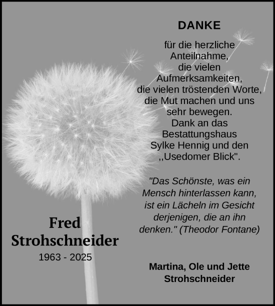 Traueranzeige von Fred Strohschneider von Nordkurier Haff-Zeitung