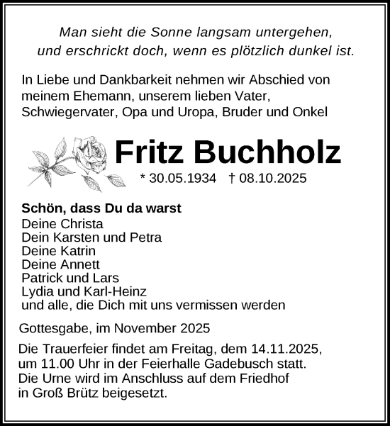 Traueranzeige von Fritz Buchholz von Gadebusch - Rehnaer Zeitung