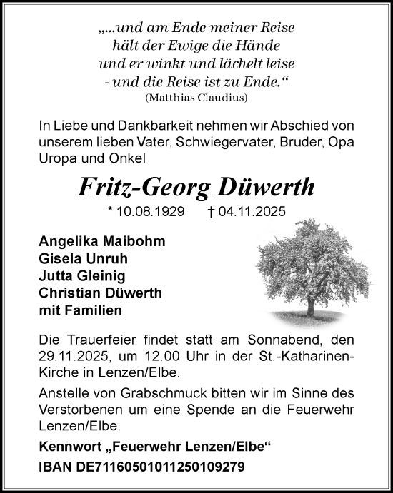Traueranzeige von Fritz-Georg Düwerth von Der Prignitzer