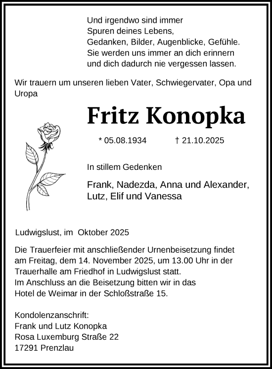 Traueranzeige von Fritz Konopka von Ludwigsluster Tageblatt