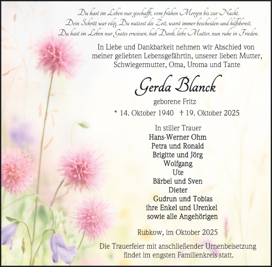 Traueranzeige von Gerda Blanck von Nordkurier Vorpommern Kurier