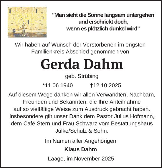 Traueranzeige von Gerda Dahm von Güstrow und Bützow