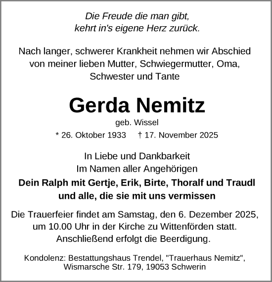 Traueranzeige von Gerda Nemitz von Zeitung für die Landeshauptstadt