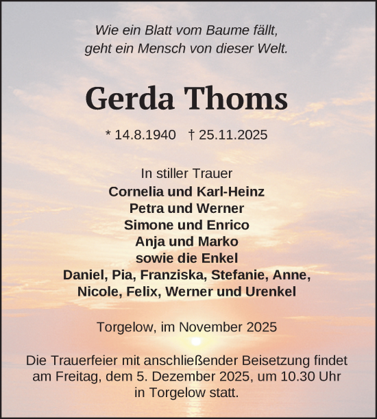 Traueranzeige von Gerda Thoms von Nordkurier Grosso