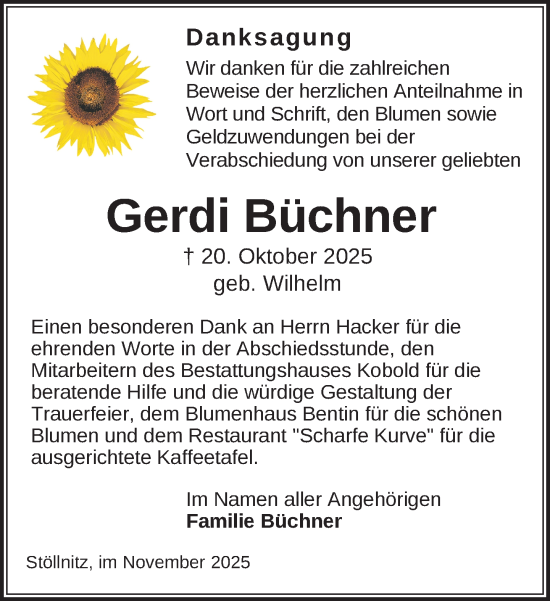 Traueranzeige von Gerdi Büchner von Gadebusch - Rehnaer Zeitung