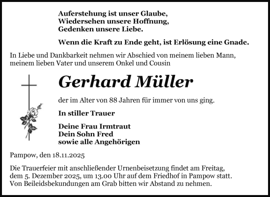 Traueranzeige von Gerhard Müller von Nordkurier Pasewalker Zeitung