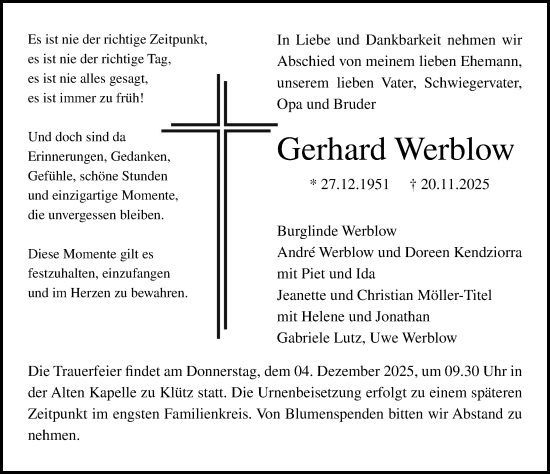 Traueranzeige von Gerhard Werblow von Norddeutsche Neueste Nachrichten