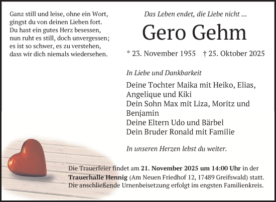 Traueranzeige von Gero Gehm von Nordkurier Vorpommern Kurier
