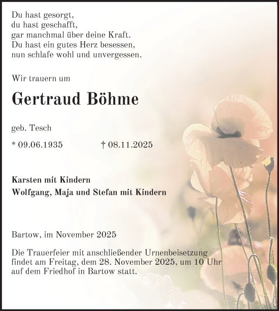 Traueranzeige von Gertraud Böhme von Nordkurier Neubrandenburger Zeitung