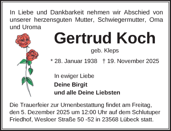 Traueranzeige von Gertrud Koch von Gadebusch - Rehnaer Zeitung