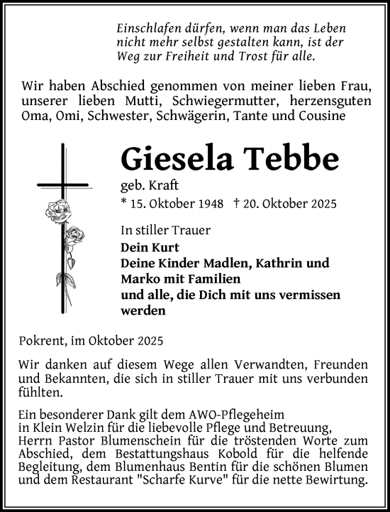 Traueranzeige von Giesela Tebbe von Gadebusch - Rehnaer Zeitung
