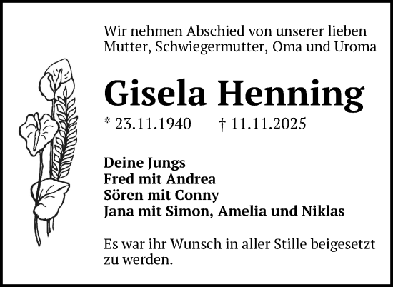 Traueranzeige von Gisela Henning von Nordkurier Grosso