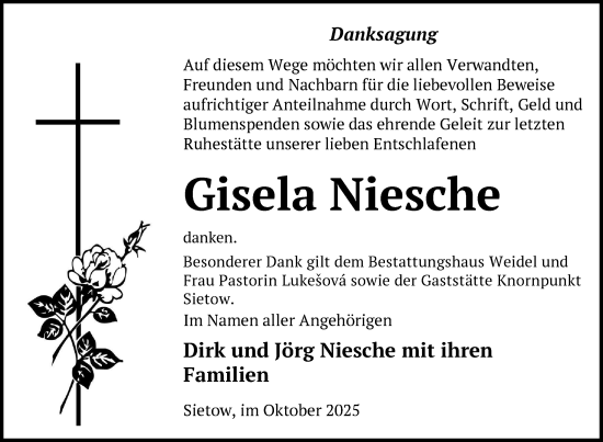 Traueranzeige von Gisela Niesche von Nordkurier Müritz-Zeitung