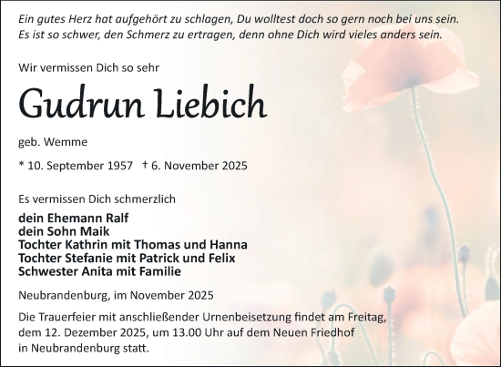 Traueranzeige von Gudrun Liebich von Nordkurier Neubrandenburger Zeitung