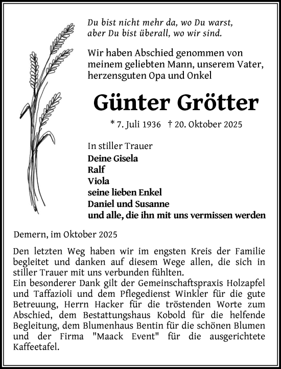 Traueranzeige von Günter Grötter von Gadebusch - Rehnaer Zeitung