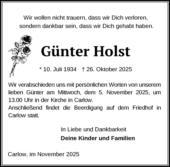 Traueranzeige von Günter Holst von Gadebusch - Rehnaer Zeitung