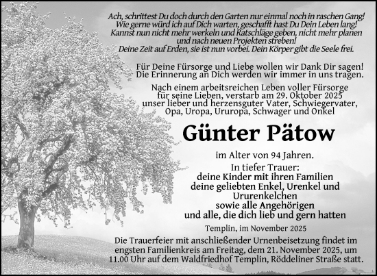 Traueranzeige von Günter Pätow von Uckermark Kurier Templiner Zeitung