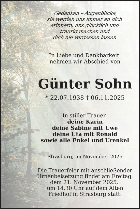 Traueranzeige von Günter Sohn von Nordkurier Grosso