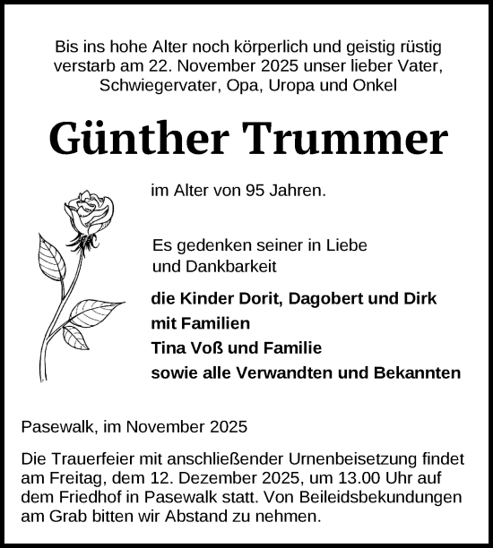 Traueranzeige von Günther Trummer von Nordkurier Grosso