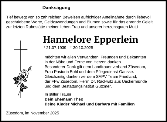 Traueranzeige von Hannelore Epperlein von Nordkurier Grosso
